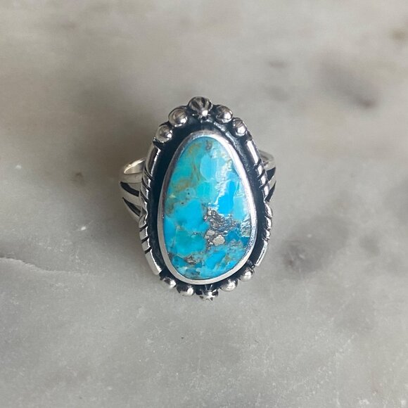 NEW Mojave Turquoise and Beaded Border Sterling Silver Ring Size 7 - Picture 1 of 4